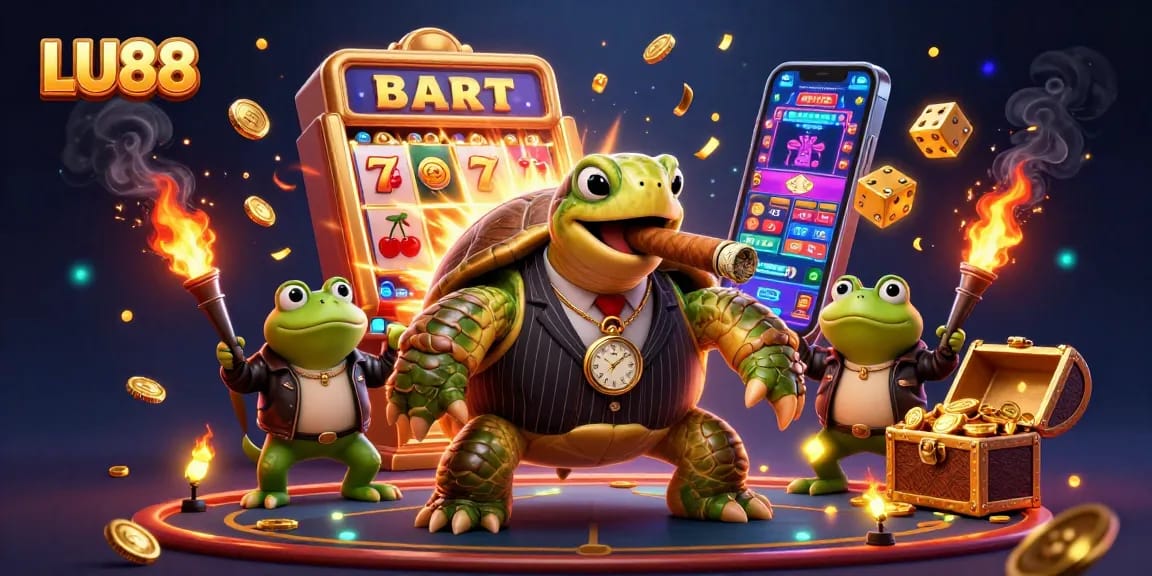 LU88 brings immersive casino action with a giant slot machine explosion, vibrant characters, and casino symbols.