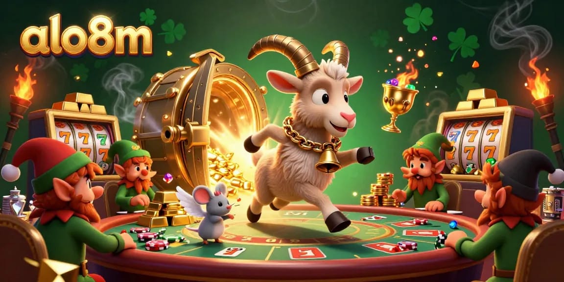 Engage with the gaming excitement at alo8m, showcasing a dynamic casino scene featuring cartoon characters and slot elements.