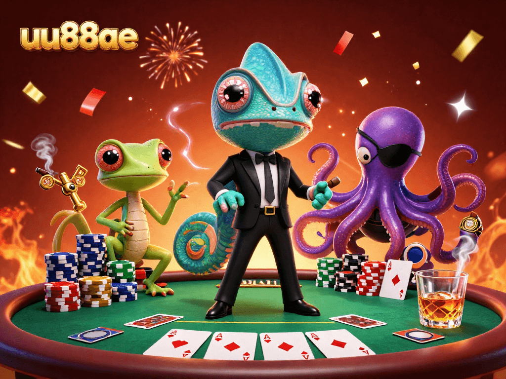 Engage in thrilling poker action with uu88ae as a chameleon agent and a tech-savvy gecko amidst vibrant casino ambiance.