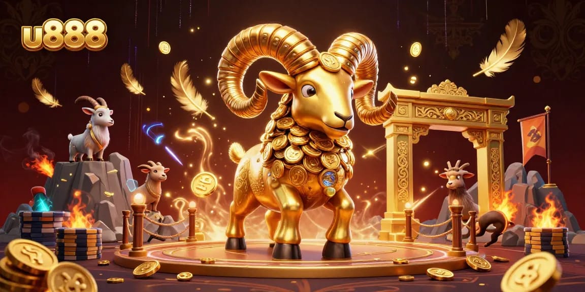 Experience thrilling gameplay with u888, featuring a golden ram charging in a vibrant casino scene.