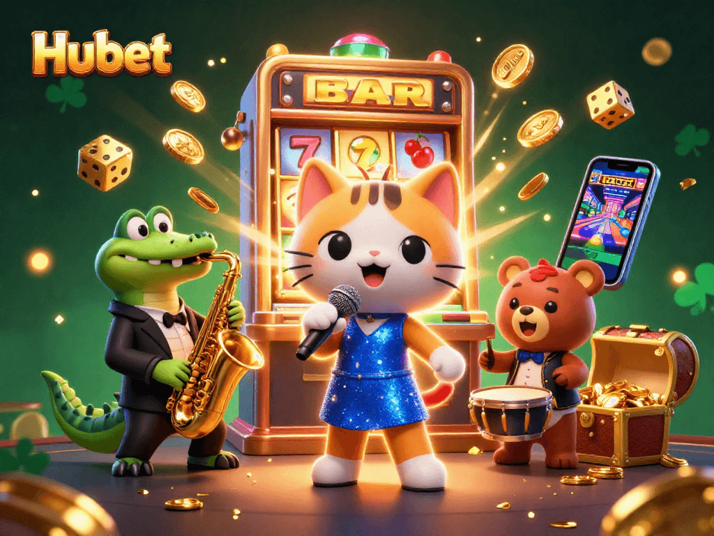 Experience the thrilling action at Hubet's vibrant online casino with lively characters and games.