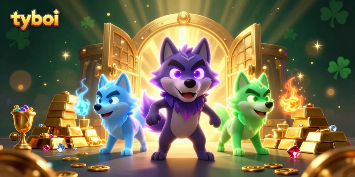Experience the excitement of tyboi as animated ghostly wolves guard treasures in this dynamic casino illustration.