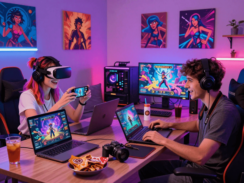 Engaging lewdspot gaming scene with diverse characters playing adult-themed games on various devices in a colorful setup.
