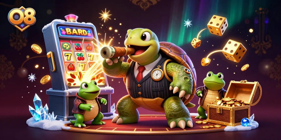 Experience excitement at O8 with a massive slot machine and vibrant casino characters.