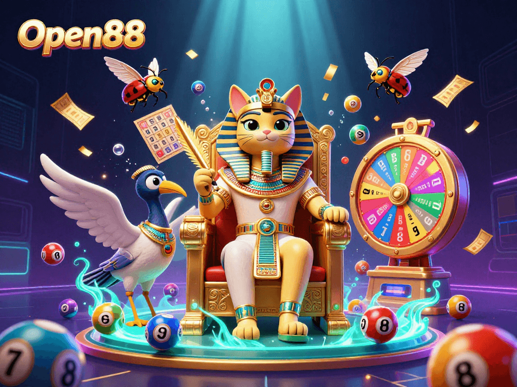 Experience the thrill of Open88 with vibrant lottery balls and dynamic 3D characters.