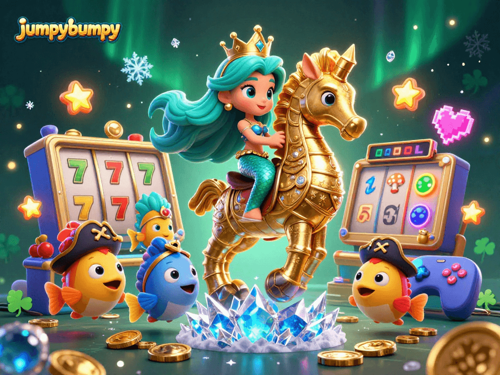 Engage with jumpybumpy's vibrant 3D mermaid princess and seahorse in a lively slot machine scene.