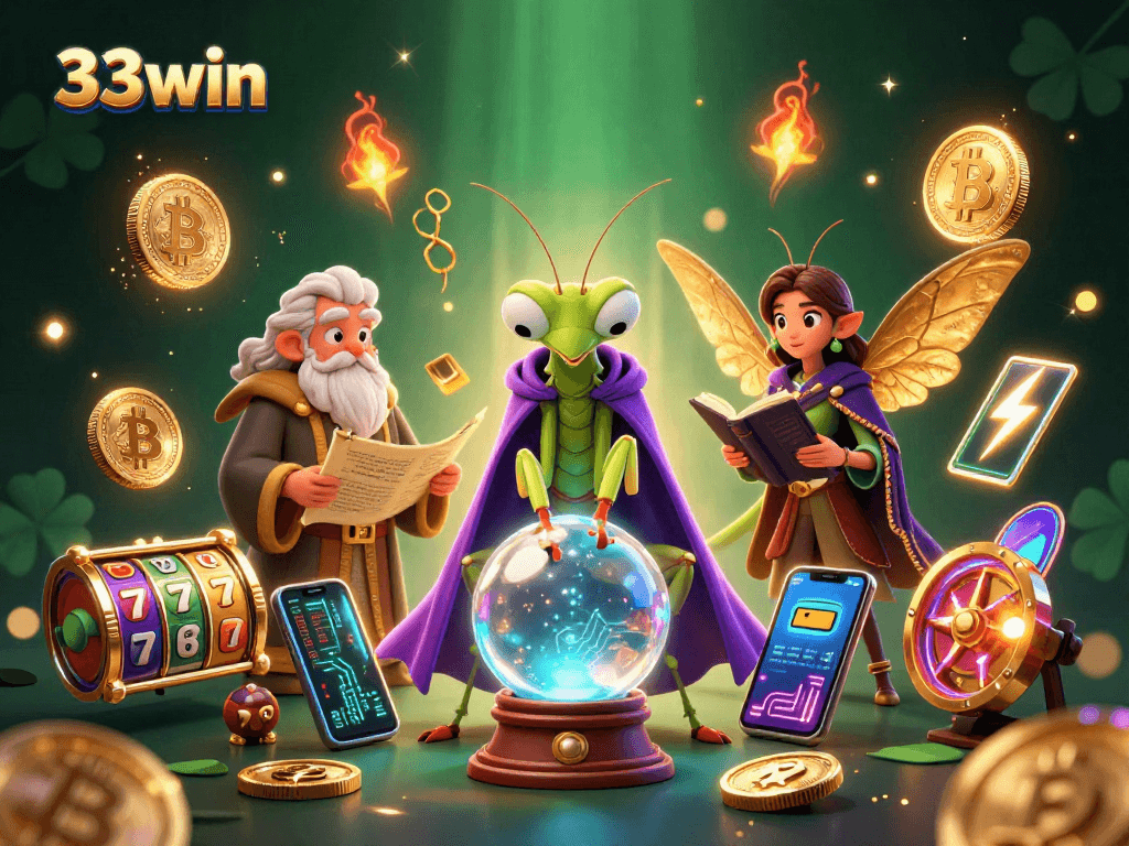 Engage with 33win's vibrant 3D illustration showcasing fortune-telling alongside captivating casino themes.