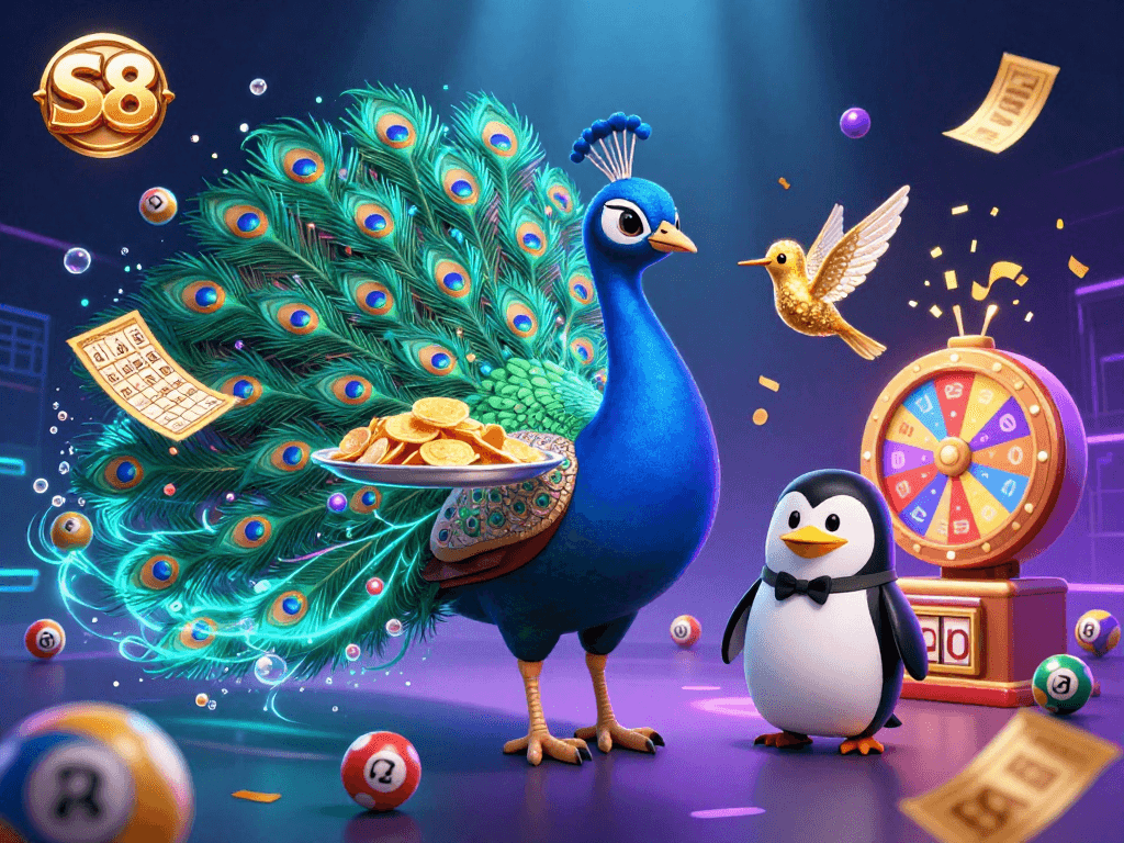 Experience S8's vibrant casino atmosphere with the peacock and penguin amidst a lottery game.