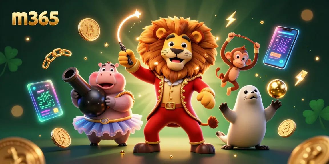 Spin to win with m365 in an exciting circus-themed online casino scene.