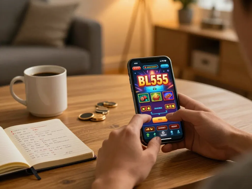 Engaging with BL555 mobile casino app in a cozy home setting