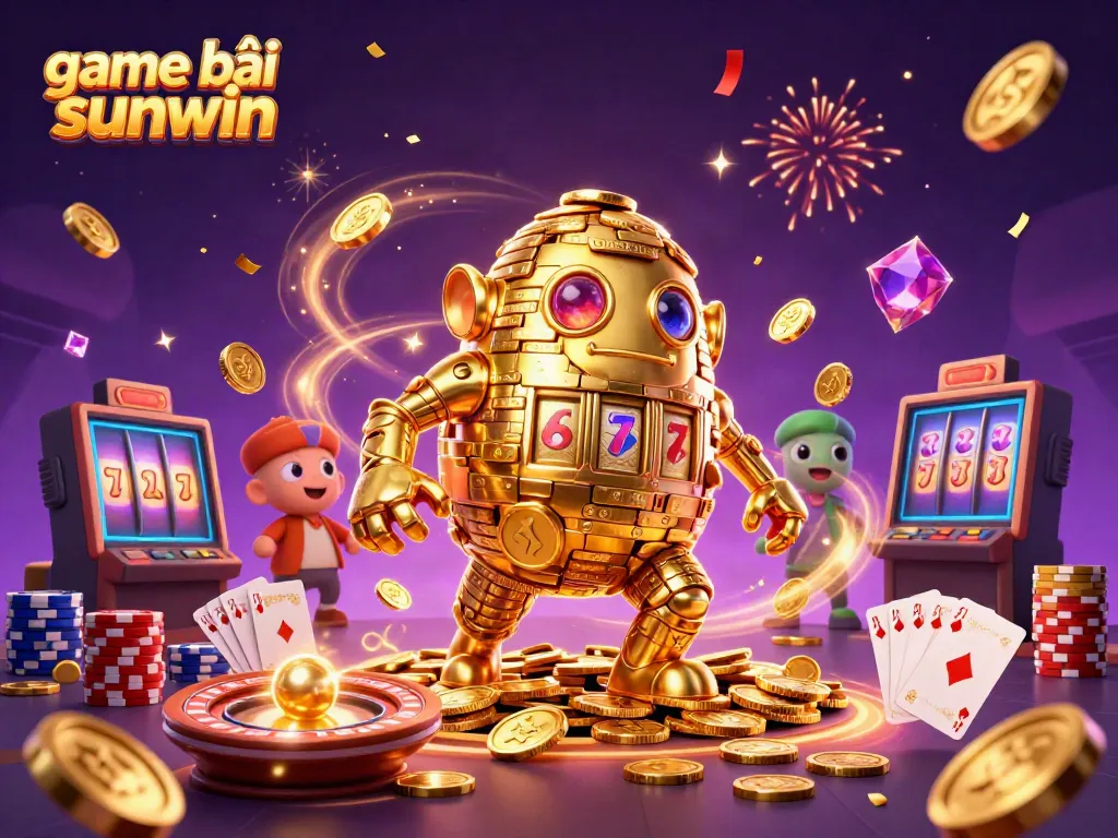 Engage with exciting game bài sunwin illustrations featuring a golden coin golem amidst cascading coins and vibrant casino elements.