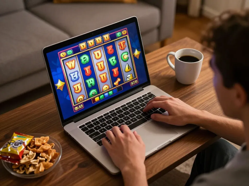 Engaging in an online slot game on 888bgo, featuring colorful reels and exciting gameplay.