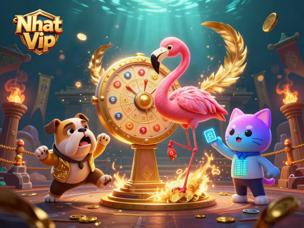 Nhat Vip gaming scene with a flamingo, bulldog, and cat in a vibrant casino setting, showcasing excitement.