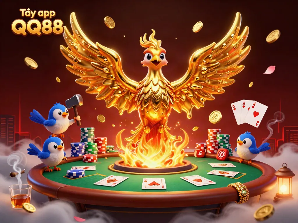 Engage with Tải app QQ88 through a dynamic, luxurious casino-themed scene filled with vibrant gaming elements.