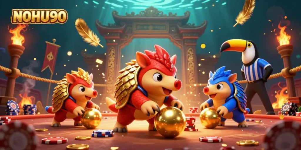 NoHU90 pangolins compete in a colorful gambling arena, showcasing poker chips and tokens.