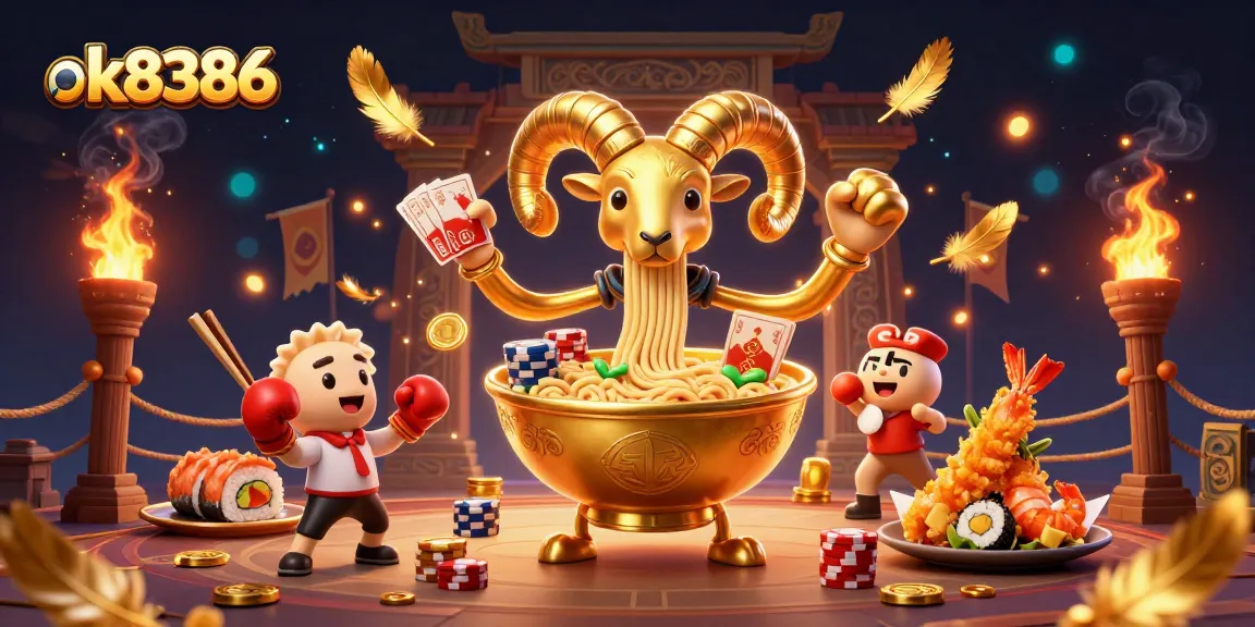 Stunning illustration of ok8386 featuring a whimsical ramen bowl dealer amidst vibrant gambling elements.