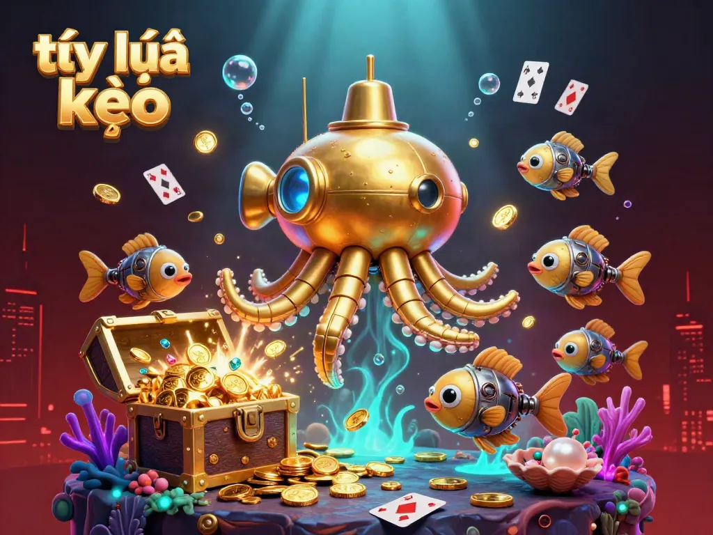 Engage with the dynamic scene illustrating tỷ lệ kèo, showcasing a golden kraken submarine and mechanical fish amidst treasures.