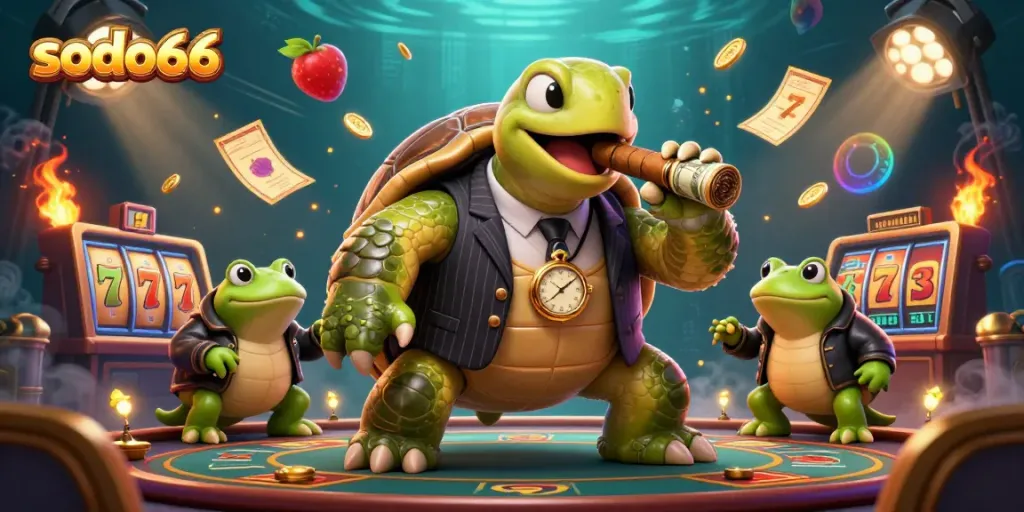 Sodo66's massive snapping turtle character dominates a vibrant casino scene filled with slots and gold coins.