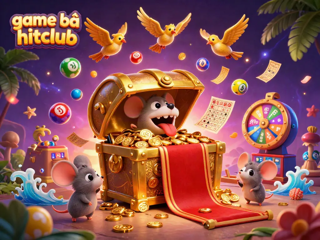 Engage in game bài hitclub excitement with golden treasures, vibrant prizes, and animated elements.