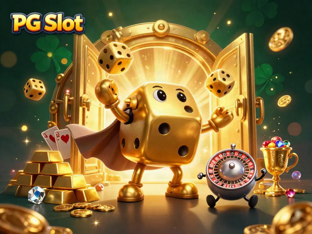 Engage with PG Slot's vibrant energy as a golden dice golem juggles luck while gems and treasures surround in a casino fantasy.