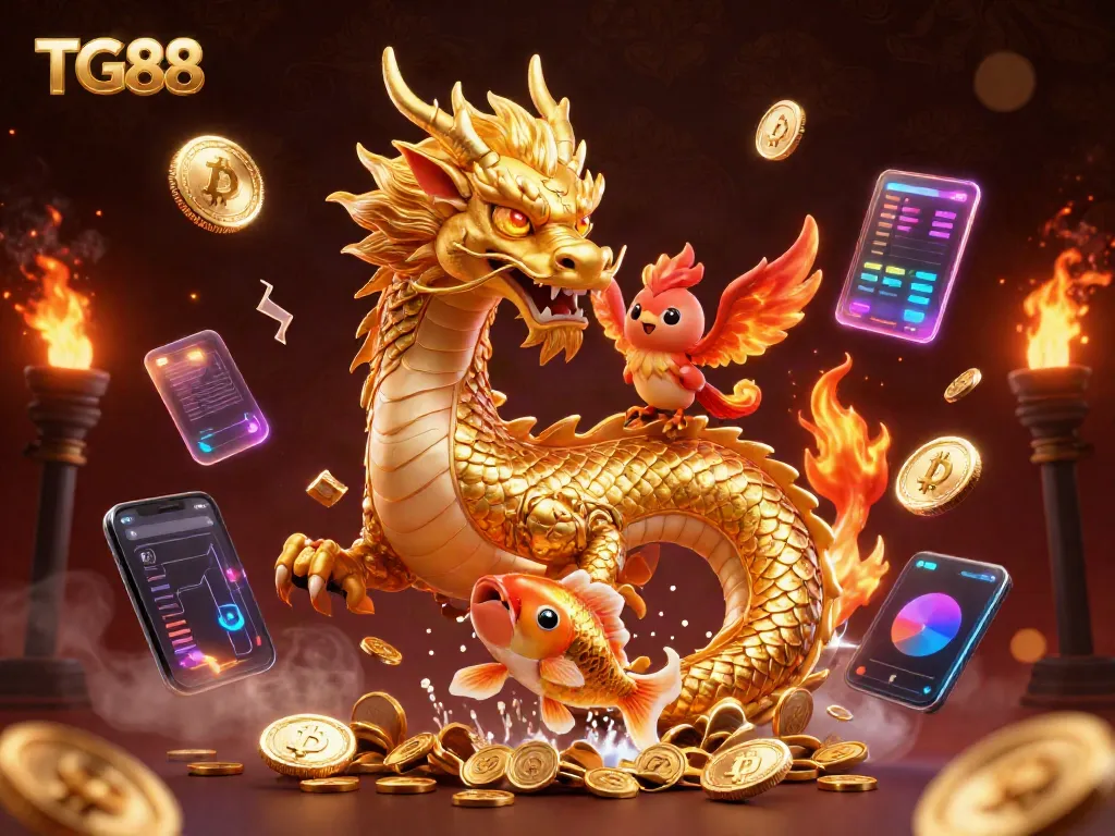 Experience the thrill of TG88 with a powerful dragon and phoenix in a dynamic casino scene.