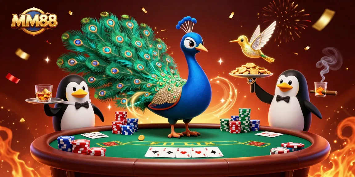 Experience thrilling gameplay at MM88 with vibrant casino elements featuring a peacock, penguin, and hummingbird.