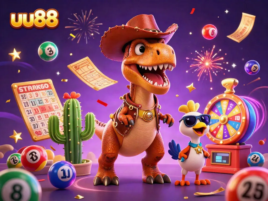 uu88 brings excitement with a vibrant 3D illustration of a cowboy dinosaur and friends in a dynamic casino scene.
