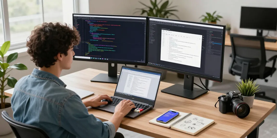 快连 developer working in a modern tech workspace with code on screens and design tools.