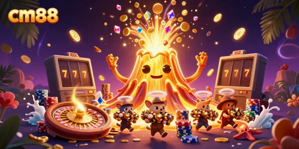 Engage with cm88's thrilling online casino world, featuring dynamic treasure-filled scenes.