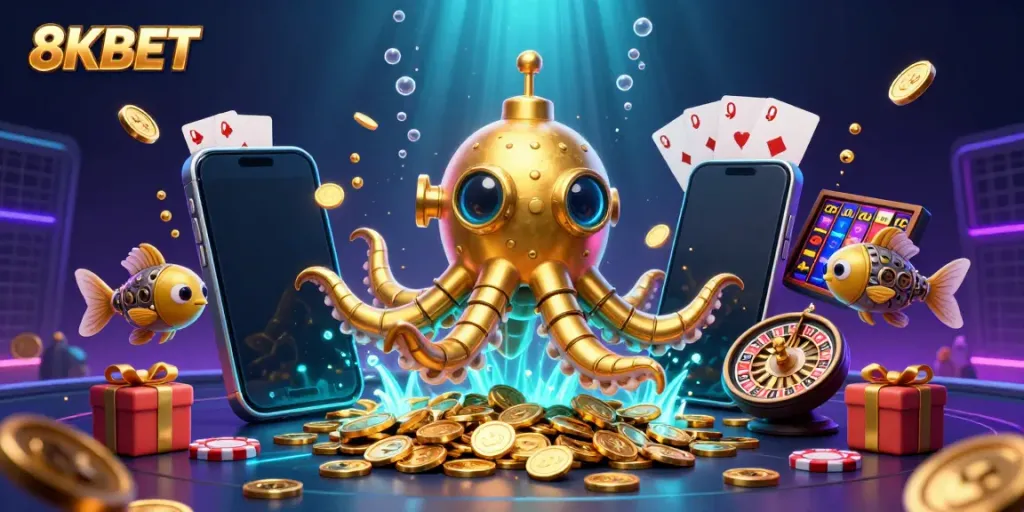 Engage with 8KBET's vibrant casino adventure featuring a golden kraken submarine and dynamic gaming elements.