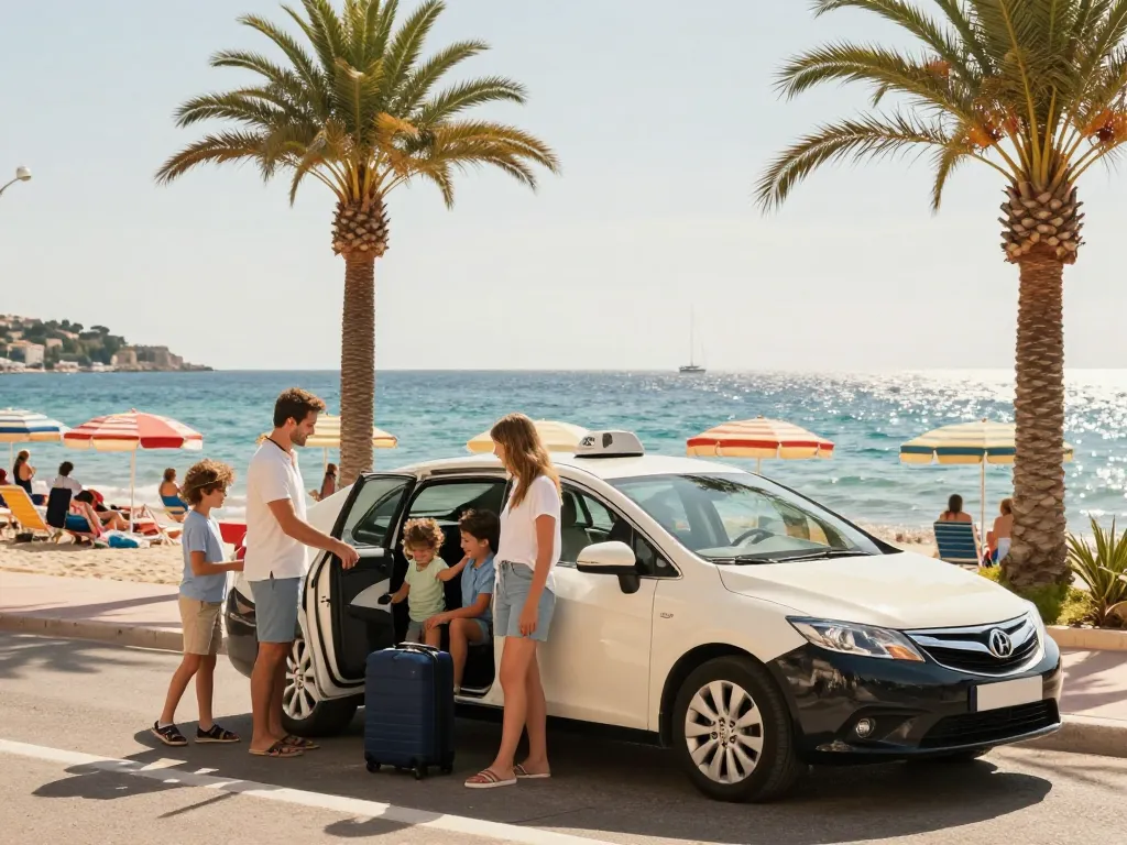Taxi Saint-Tropez avec une famille profitant de la plage à Saint-Tropez, reflétant un service de qualité et la beauté méditerranéenne.