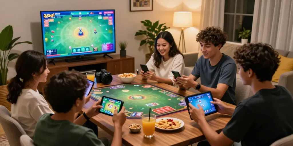 Exciting 3 Patti no1 online gaming session with diverse players enjoying a virtual card game in a cozy living room.