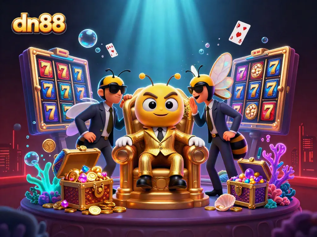 Spin slots and win big with dn88's vibrant gaming scene featuring playful characters and treasures.