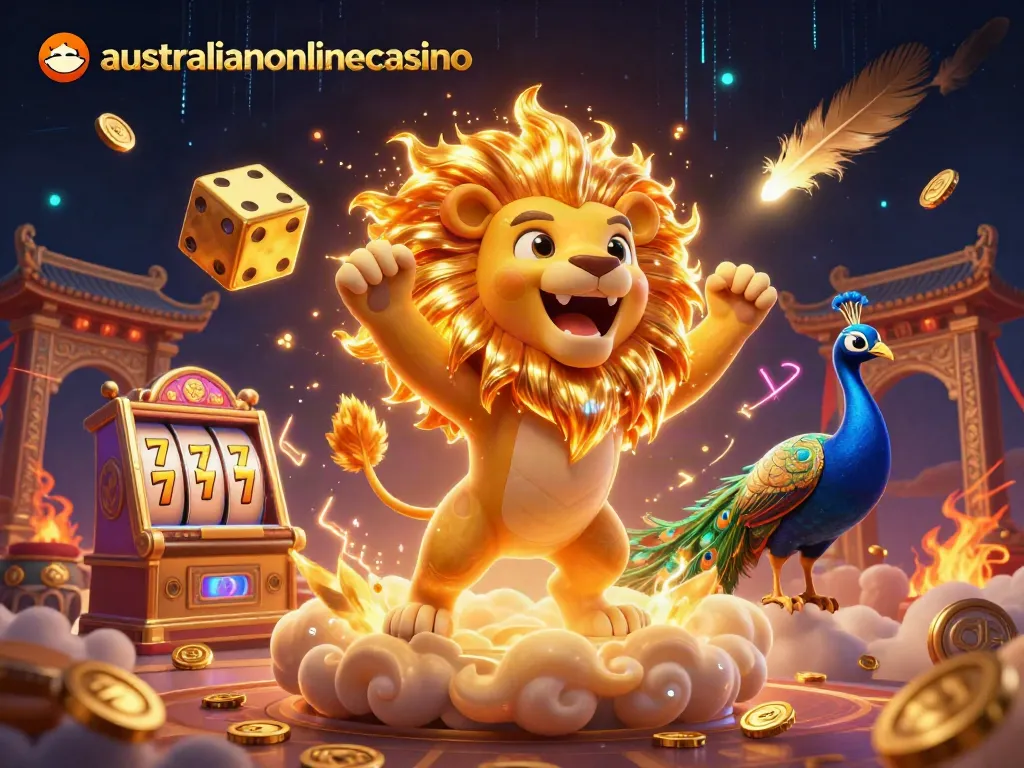 Experience the thrill of australianonlinecasino with a vibrant 3D illustration of a roaring sun lion, golden dice, and dynamic gambling elements.