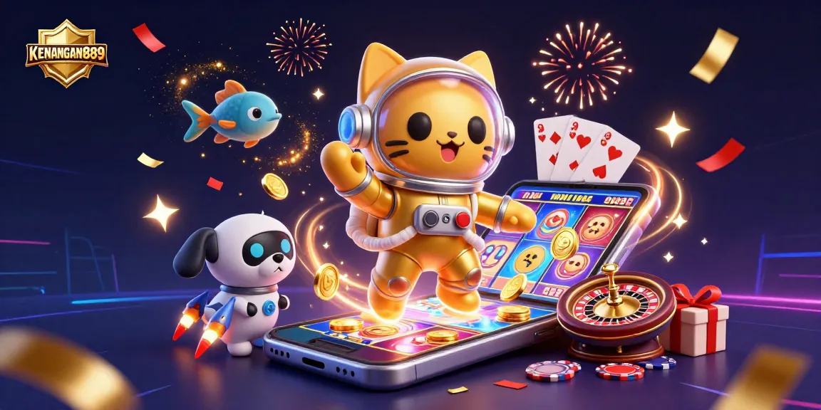 Experience the thrilling play with KENANGAN889 in a dynamic animated gambling scene featuring a space astronaut cat and a robot dog.
