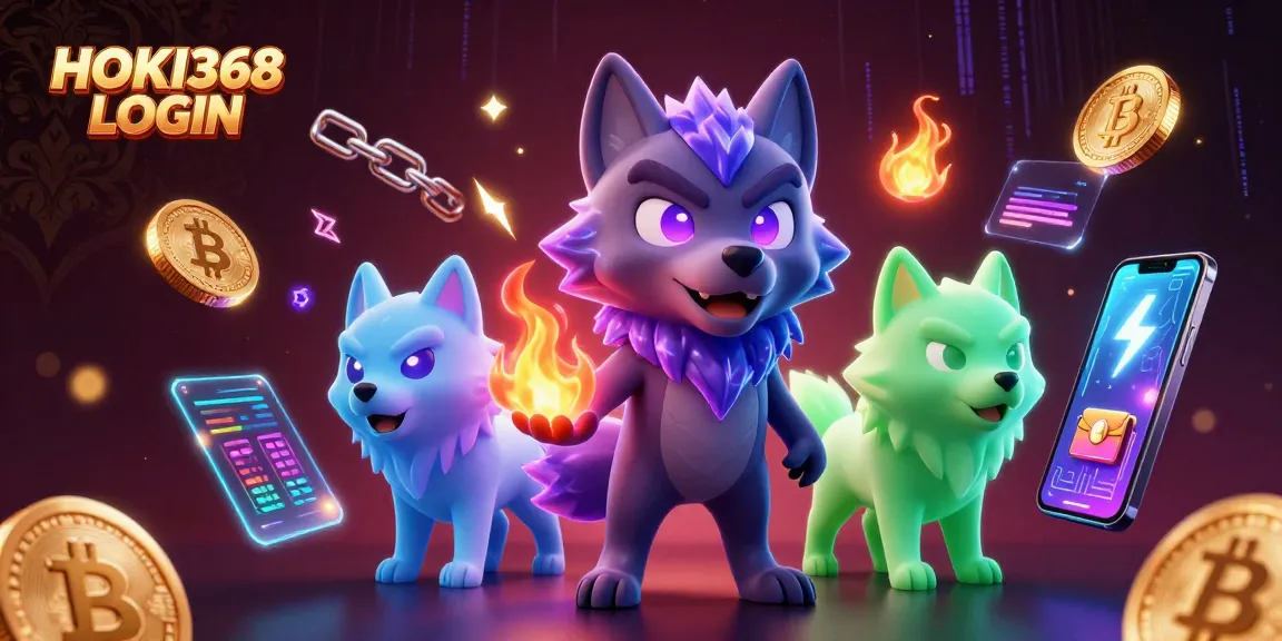 Engagement with HOKI368 LOGIN platform showcasing a dynamic scene of wolf characters and cryptocurrency elements.