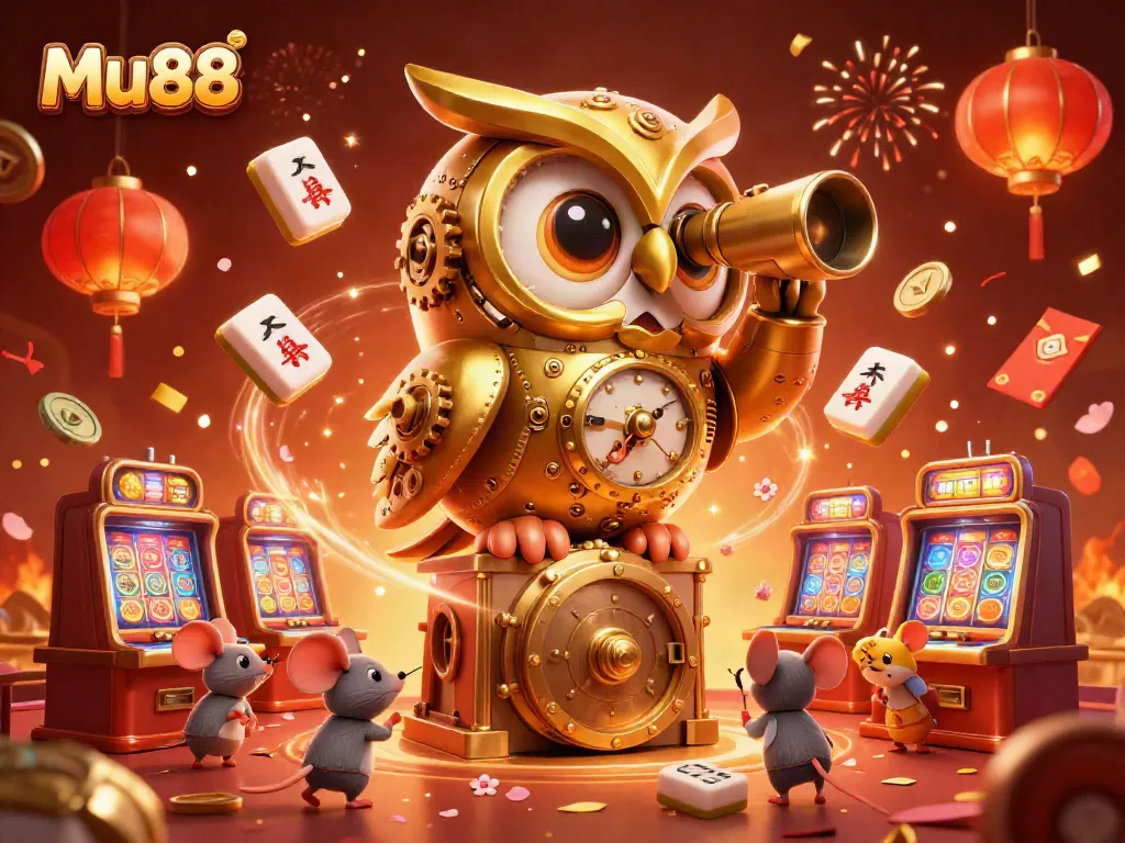 Experience Mu88's vibrant casino atmosphere with golden owl and festive elements celebrating gaming fun.