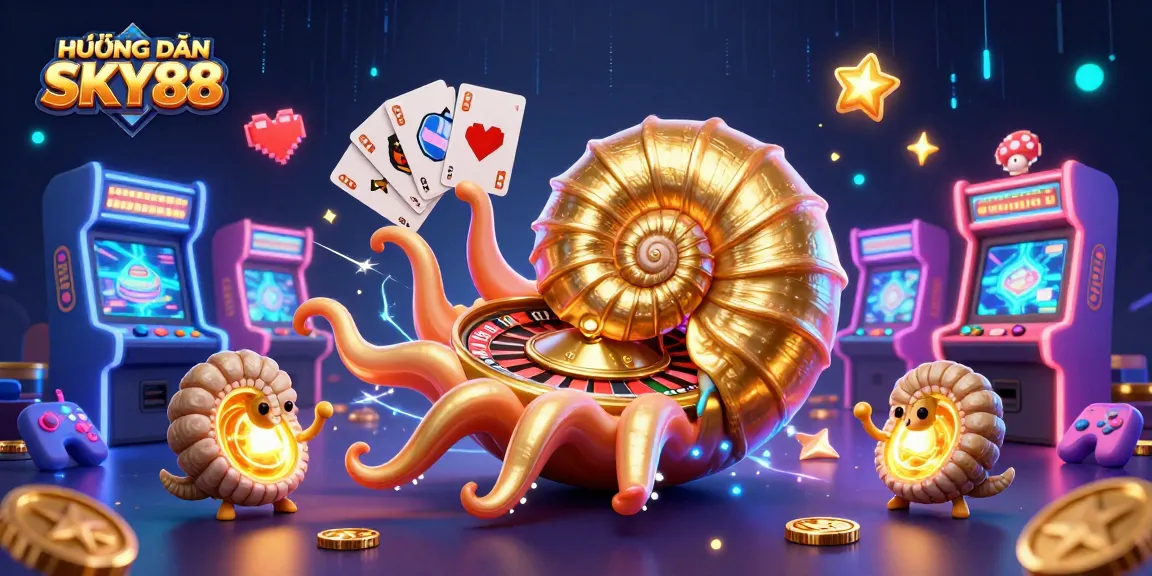 Engage with HƯỚNG DẪN SKY88 through captivating 3D casino illustration, featuring ancient nautilus and glowing companions.