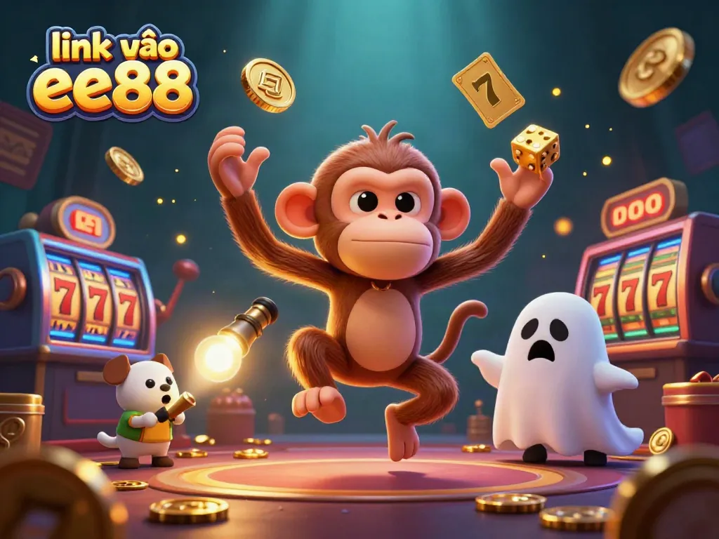 Engaging scene showcasing the link vào ee88 with a playful monkey juggling casino elements in a haunted casino atmosphere.