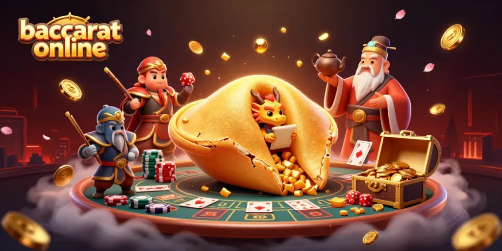 Engage in baccarat online with a vibrant 3D illustration showcasing casino characters and elements.
