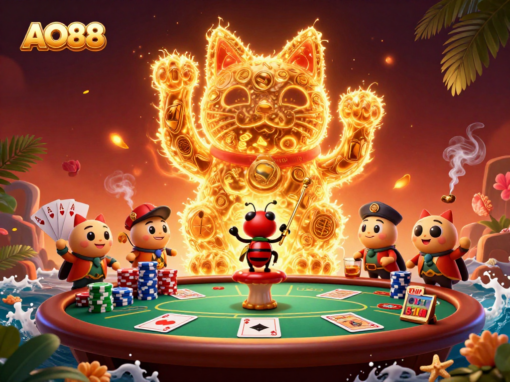 Experience the excitement of AO88 with a lively golden lucky cat symbolizing fortune in a vibrant casino setting.