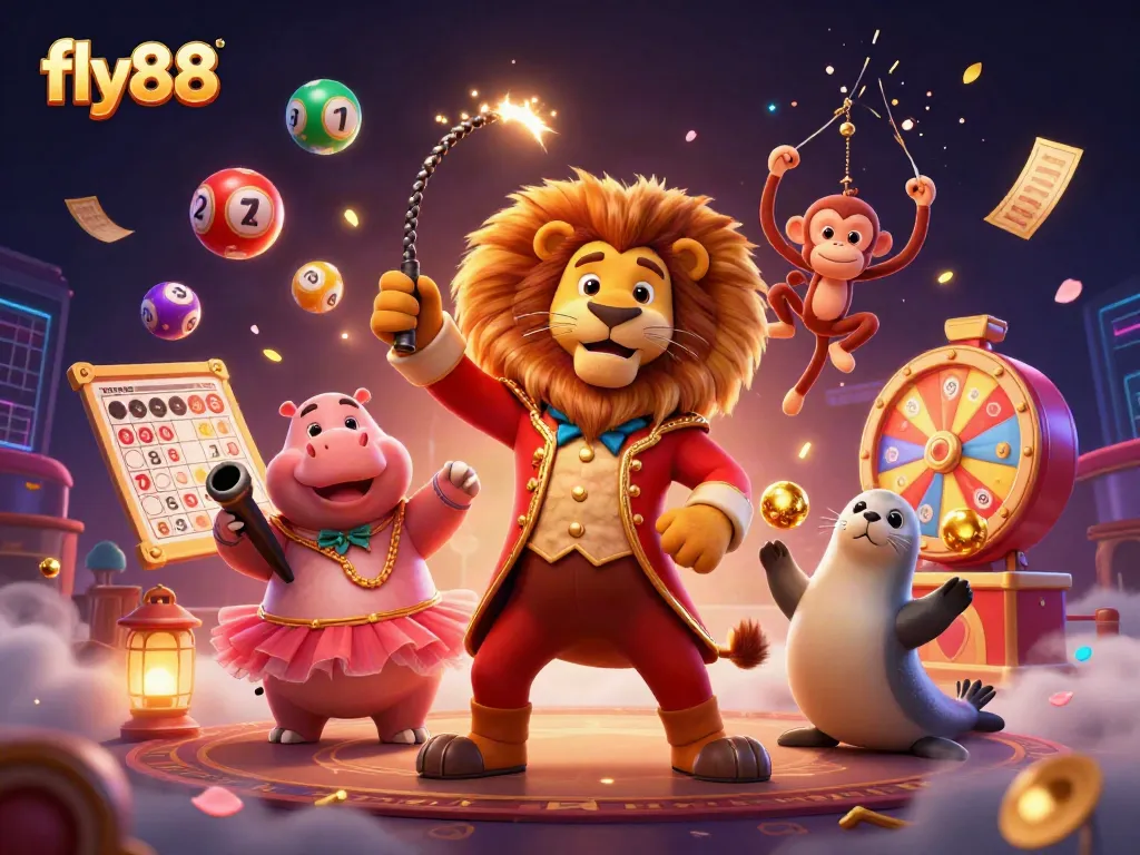 Engage in thrilling lottery action with fly88's vibrant carnival characters and dynamic game elements.