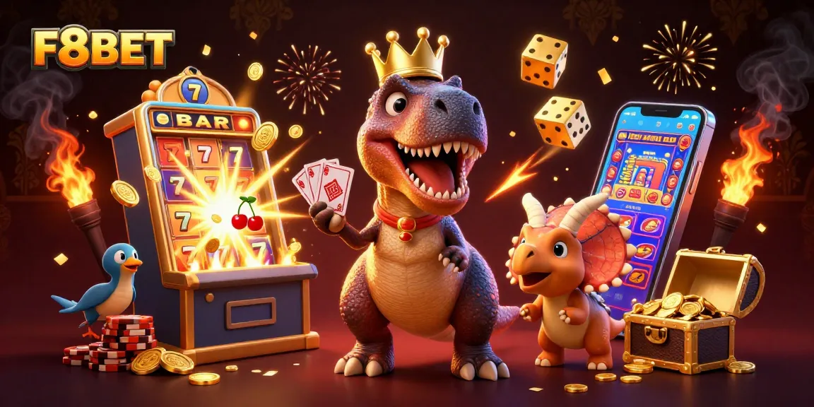 Experience thrilling wins at F8BET with a colorful jackpot scene featuring a friendly T-Rex and fun elements.