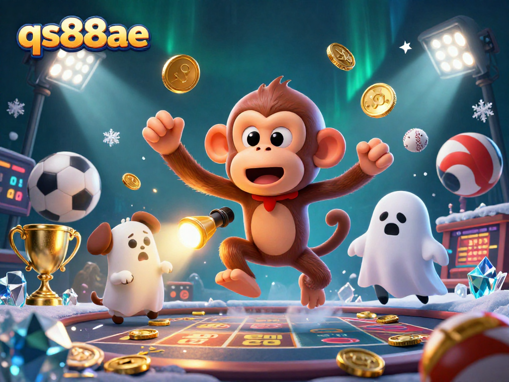 Engage exciting gameplay at qs88ae with a cartoon monkey juggles golden betting items in a vibrant casino scene.