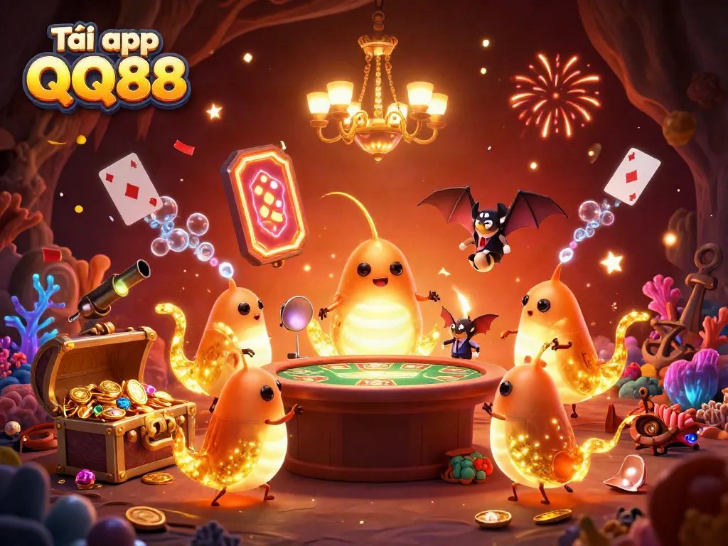 Engage in casino fun and excitement with Tải app QQ88 featuring lively neon glowworms and vibrant elements.