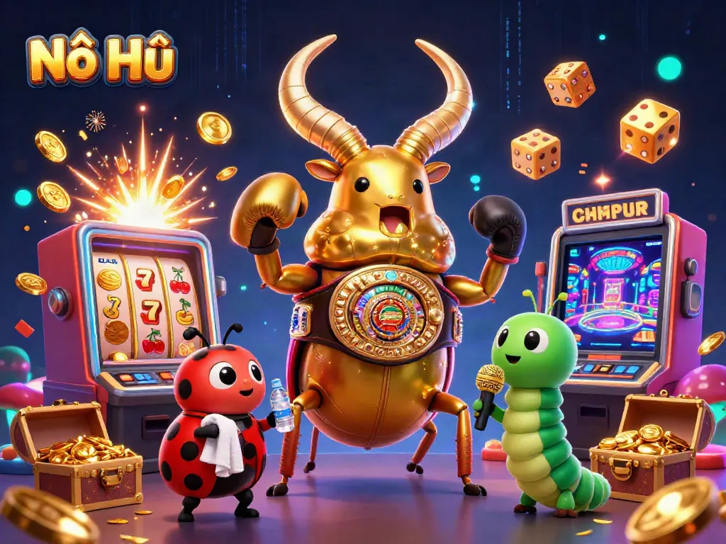 Nổ Hũ rushes with excitement in this vibrant 3D scene filled with jackpots, slot machines, and casino elements.