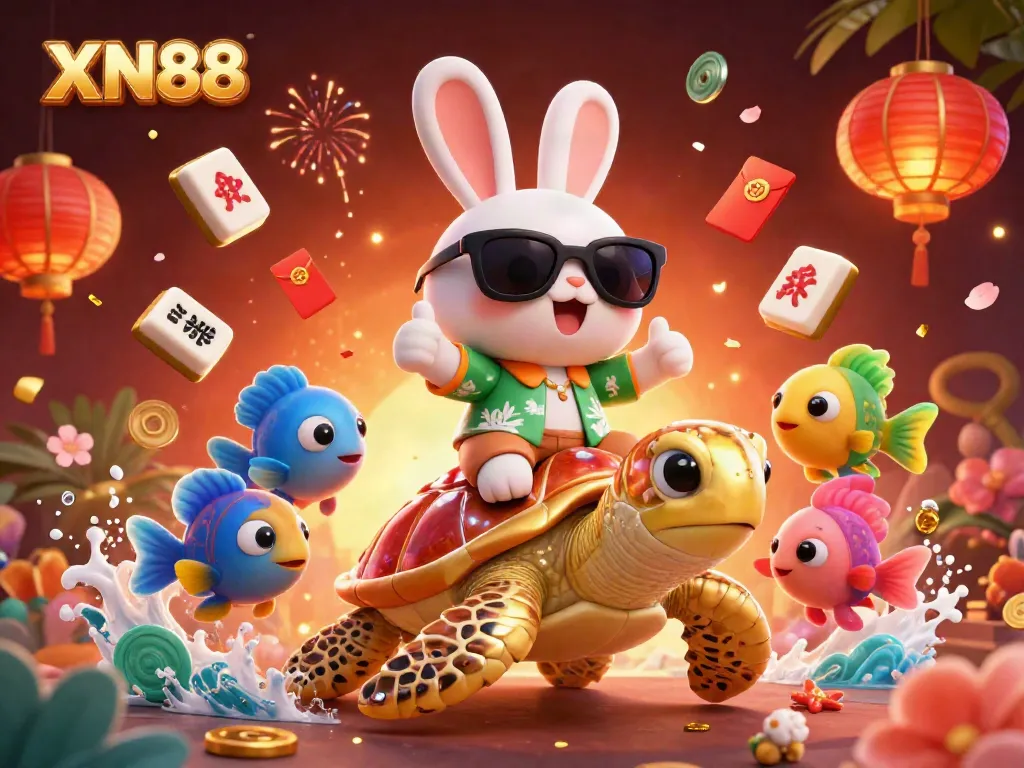Join the fun with XN88 and the lucky rabbit riding a golden sea turtle in this vibrant casino scene.
