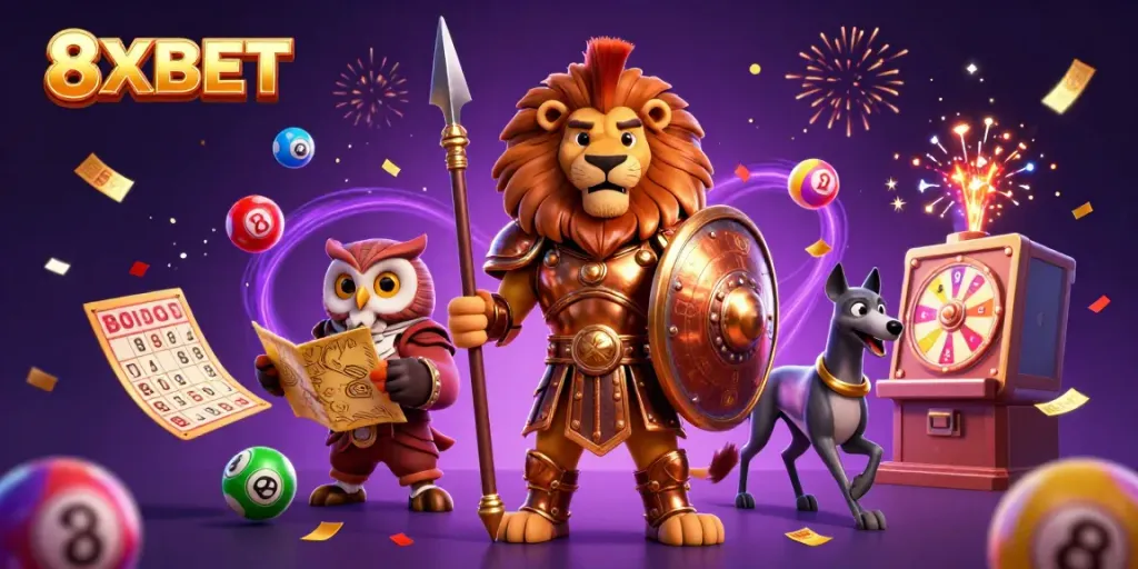 Engage with winning strategies at 8XBET through this vibrant, dynamic gambling illustration.