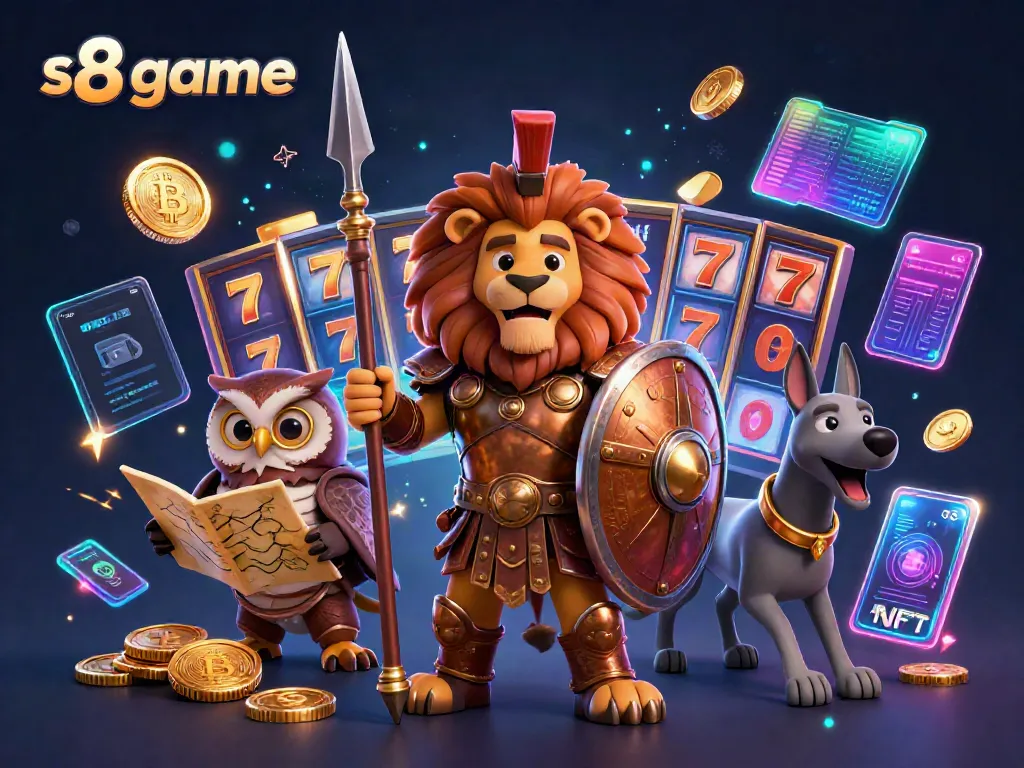 Experience the thrilling s8 game with a vibrant illustration featuring a Spartan lion, owl strategist, and greyhound amidst jackpots and crypto elements.