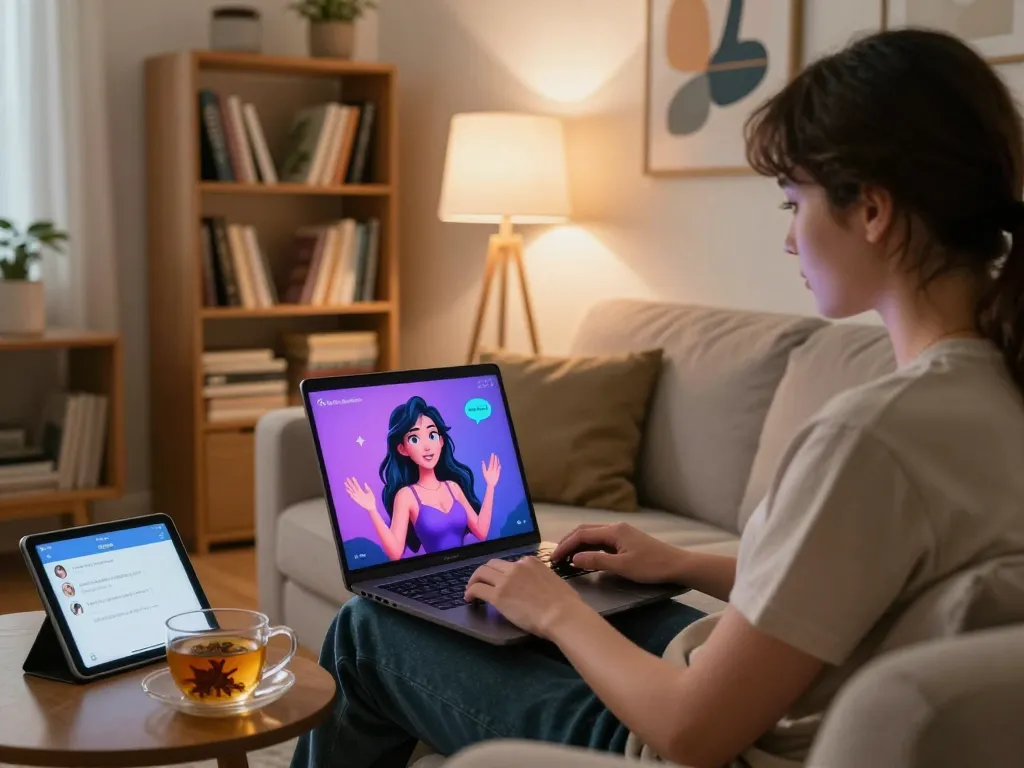 Engaging in free AI sex chat using laptop in cozy living room.